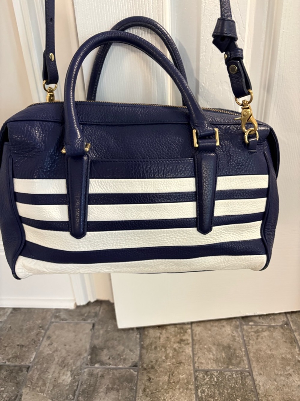 Striped Navy and White Women's Satchel Bag - Picture 5 of 9